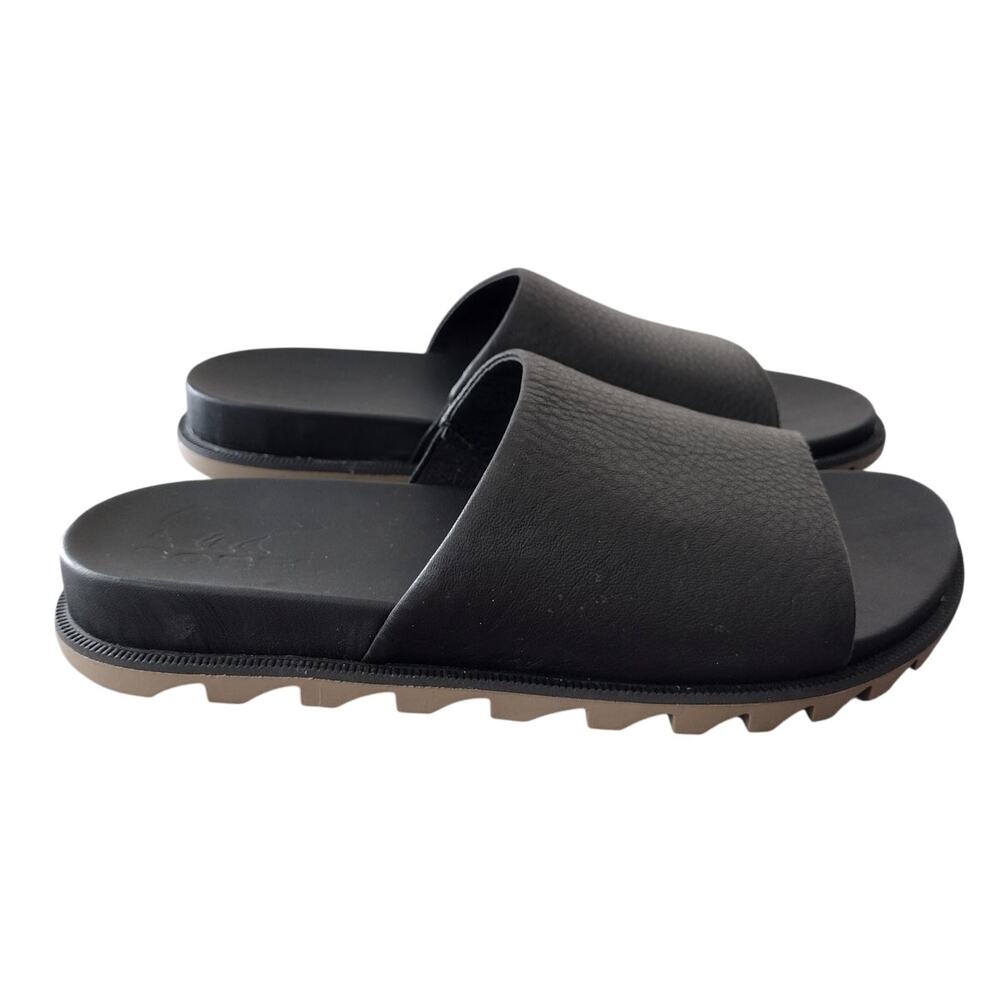 Sorel Roaming Decon Black Pebble Leather Slide Sandals Women's US 5.5